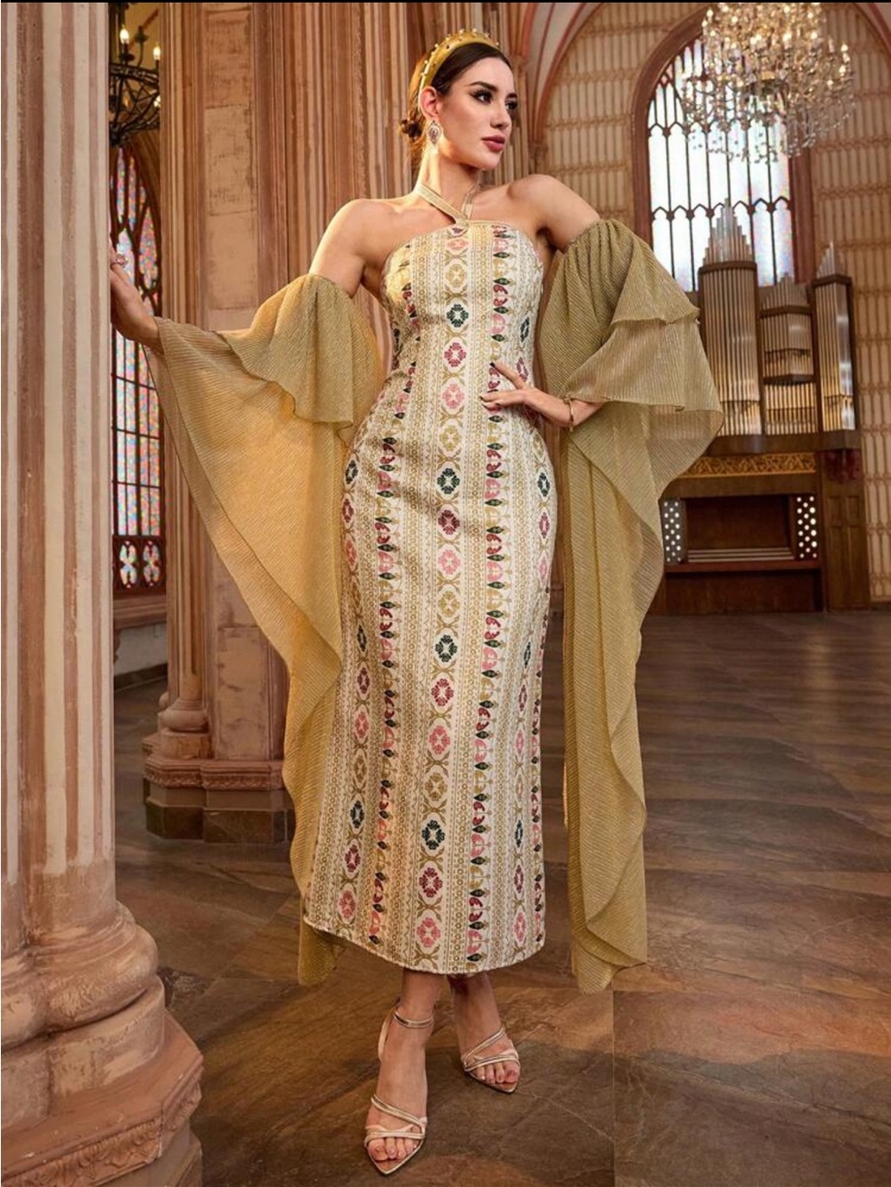Elegant Strapless Jacquard Midi Dress with Sheer Cape Sleeves